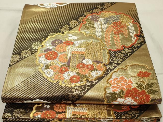 平和屋着物◎六通柄袋帯 唐織 雪輪御所車花文 金糸 正絹 逸品 DAAZ1248qa