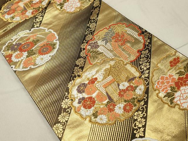平和屋着物◎六通柄袋帯 唐織 雪輪御所車花文 金糸 正絹 逸品 DAAZ1248qa
