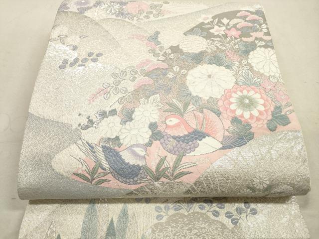 平和屋着物◎六通柄袋帯 鴛鴦花文 銀糸 正絹 逸品 DAAZ1718qa