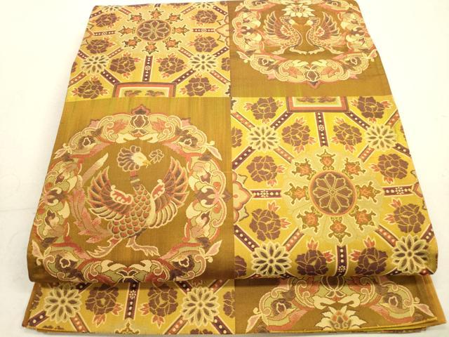 平和屋着物◎六通柄袋帯 紹巴 市松鳳凰花文 正絹 逸品 DAAZ1927xg