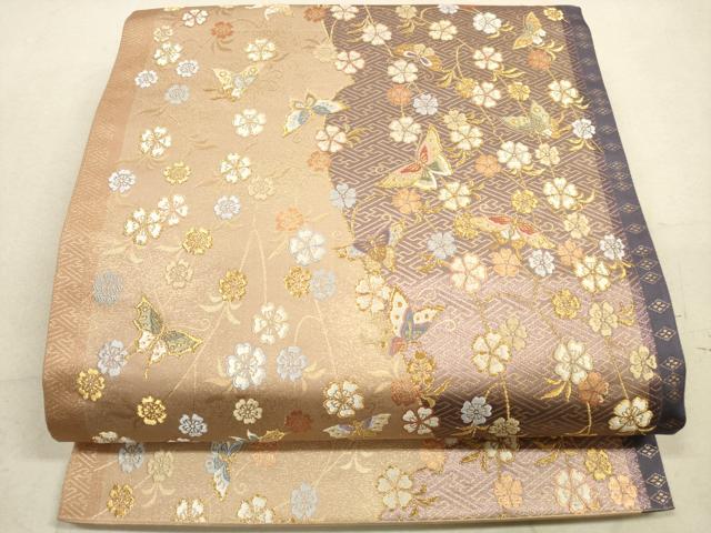 平和屋着物◎六通柄袋帯 唐織 花蝶文 春の流れ 金糸 正絹 逸品 DAAZ1948xg