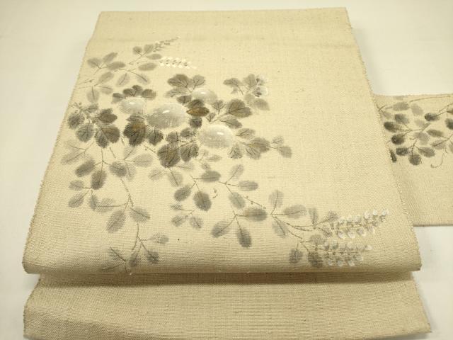 平和屋着物○八寸名古屋帯 手描き 紬地 草花 金彩 正絹 逸品 DAAZ2213op