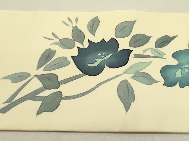 平和屋着物●塩瀬 九寸名古屋帯 手描き 草花 正絹 逸品 DAAZ2287op
