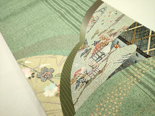 平和屋着物●太鼓柄袋帯 紬地 風景花文 切嵌 金彩 正絹 逸品 未使用 DAAZ2334op
