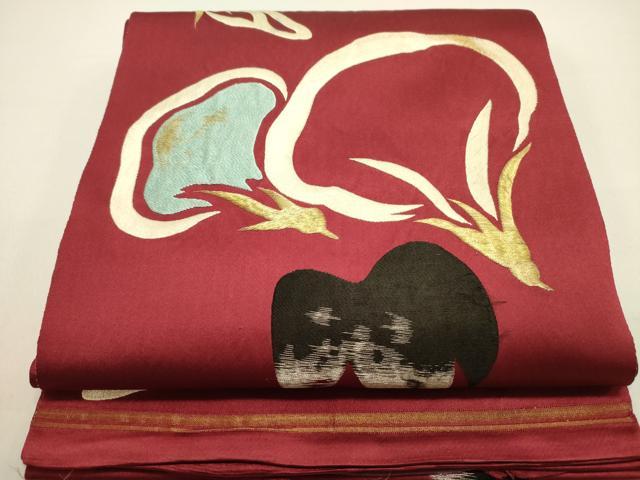 平和屋着物●アンティーク 大正ロマン 八寸名古屋帯 刺繍 一重帯 茄子 ナス 草花 成り物 金銀糸 正絹 逸品 DAAZ2369op