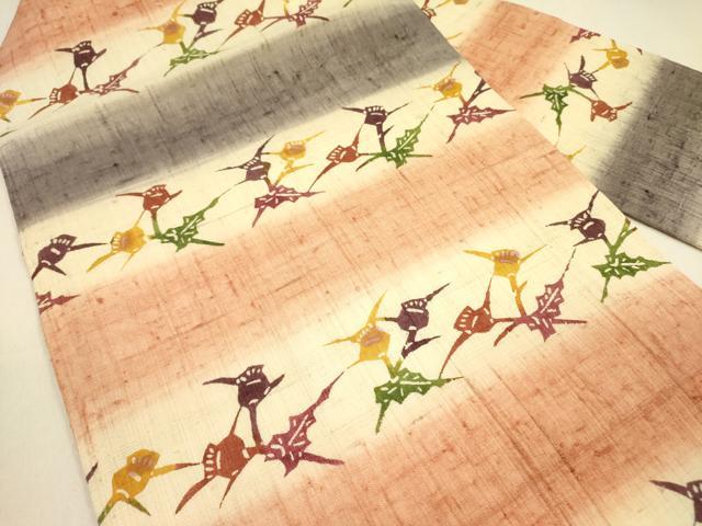 平和屋着物●九寸名古屋帯 型染 生紬 草花文 正絹 逸品 DAAZ2392op