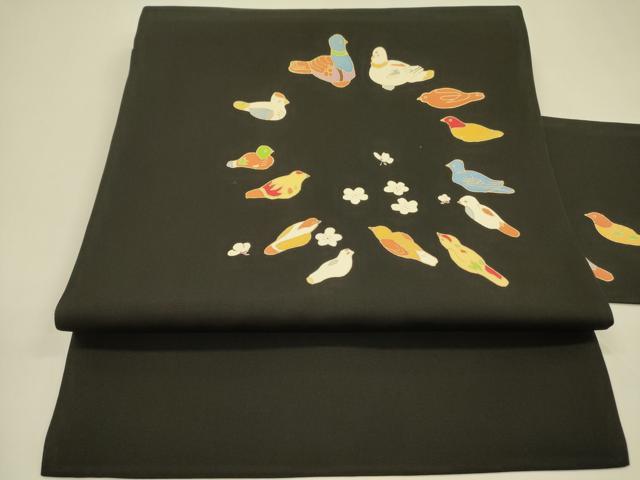 平和屋着物●塩瀬 九寸名古屋帯 舞梅 鳩 ハト 黒地 金彩 正絹 逸品 DAAZ2407op