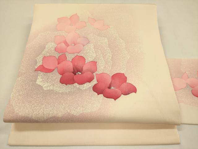 平和屋着物●塩瀬 九寸名古屋帯 舞花 銀彩 正絹 逸品 DAAZ2424op
