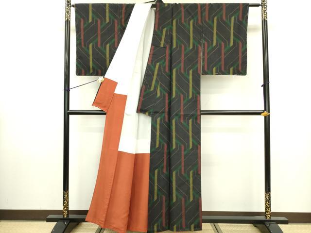 平和屋着物■上質な紬 幾何学文様 黒地 正絹 逸品 DAAZ2988op