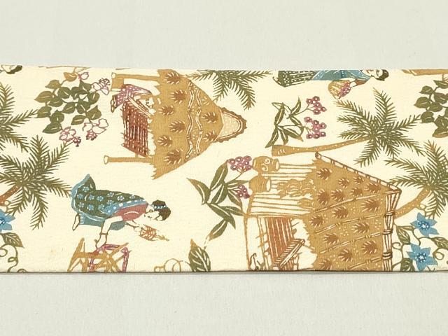 平和屋着物●全通柄九寸名古屋帯 型染め 風景人物花文 お召縮緬 正絹 逸品 DAAZ3017ob
