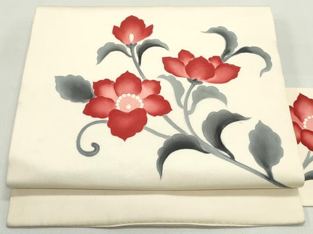 平和屋着物●塩瀬 九寸名古屋帯 手描き 花唐草文 正絹 逸品 DAAZ3121ob