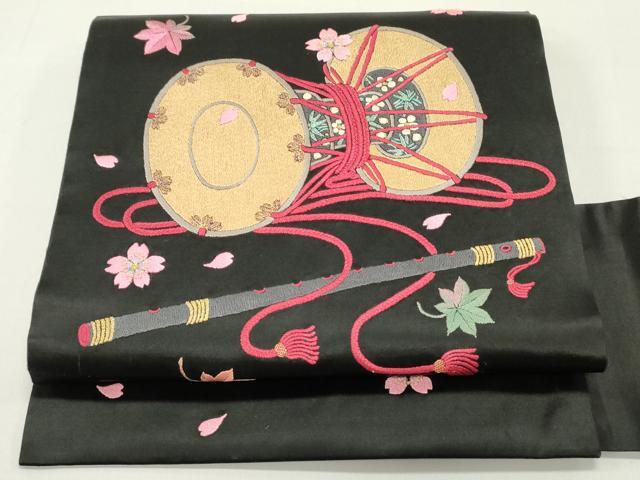 平和屋着物●アンティーク 大正ロマン 九寸名古屋帯 作家物 総刺繍 楽器舞桜文 黒地 金糸 正絹 逸品 DAAZ3130ob
