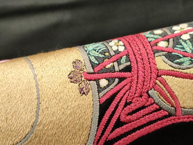 平和屋着物●アンティーク 大正ロマン 九寸名古屋帯 作家物 総刺繍 楽器舞桜文 黒地 金糸 正絹 逸品 DAAZ3130ob