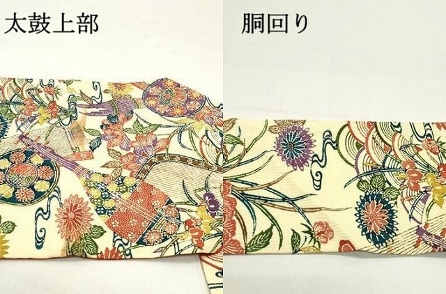 平和屋着物●九寸名古屋帯 唐織 型染め 楽器草花文 鬼しぼ縮緬 正絹 逸品 DAAZ3204ob