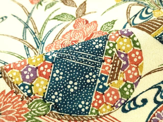 平和屋着物●九寸名古屋帯 唐織 型染め 楽器草花文 鬼しぼ縮緬 正絹 逸品 DAAZ3204ob