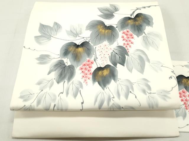 平和屋着物●塩瀬 九寸名古屋帯 作家物 手描き 葡萄蔦の葉文 金彩 正絹 逸品 DAAZ3217ob