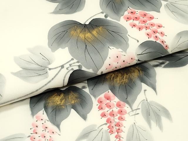 平和屋着物●塩瀬 九寸名古屋帯 作家物 手描き 葡萄蔦の葉文 金彩 正絹 逸品 DAAZ3217ob
