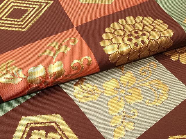 平和屋着物●六通柄 本袋帯 本聚織錦彩 市松草花文 金糸 正絹 逸品 DAAZ3236ob