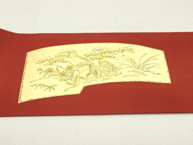 平和屋着物●塩瀬 九寸名古屋帯 刺繍 帆船花松文 金彩 正絹 逸品 DAAZ3260ob