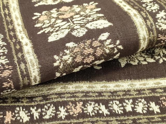 平和屋着物●両面 半幅帯 更紗花唐草間道 金糸 正絹 逸品 未使用 DAAZ3276ob