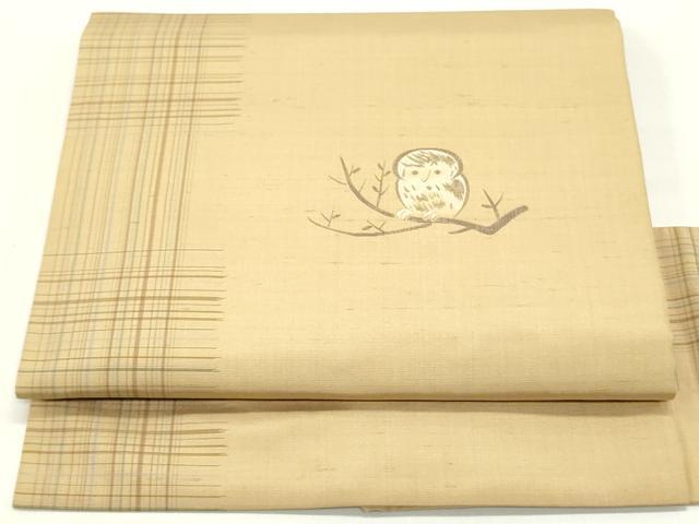 平和屋着物●九寸名古屋帯 紬地 梟 格子間道 正絹 逸品 DAAZ3419ob