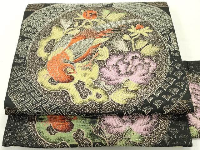 平和屋着物●アンティーク 大正ロマン 九寸名古屋帯 鳳凰吉祥草花丸文 黒地 金糸 正絹 逸品 DAAZ3424ob
