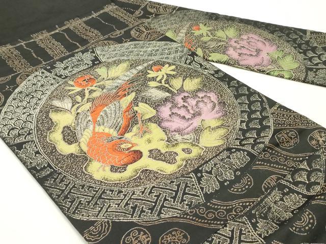 平和屋着物●アンティーク 大正ロマン 九寸名古屋帯 鳳凰吉祥草花丸文 黒地 金糸 正絹 逸品 DAAZ3424ob