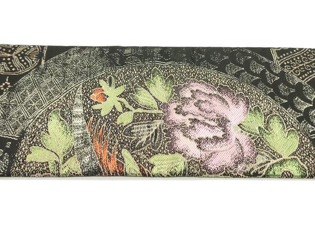 平和屋着物●アンティーク 大正ロマン 九寸名古屋帯 鳳凰吉祥草花丸文 黒地 金糸 正絹 逸品 DAAZ3424ob