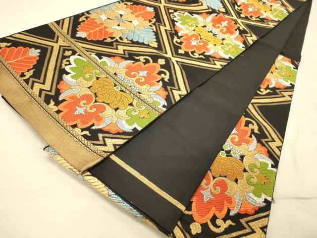平和屋着物◎六通柄 本袋帯 松皮菱草花文 黒地 金銀糸 正絹 逸品 DAAZ3521jm