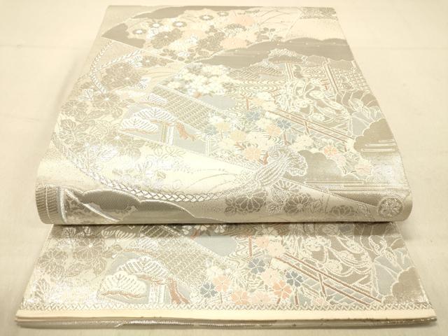 平和屋着物◎六通柄袋帯 源氏扇絵巻文 プラチナ二重箔 正絹 逸品 DAAZ3525jm