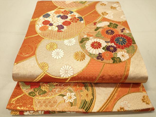 平和屋着物◎六通柄袋帯 唐織 吉祥花丸文 金糸 正絹 逸品 DAAZ3629jm