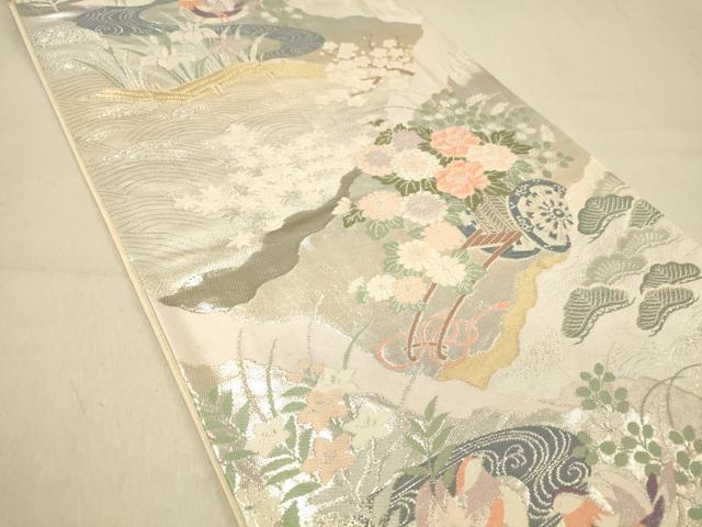 平和屋着物◎西陣 六通柄袋帯 唐織 王朝絵巻 プラチナ純銀箔二重織 証紙付き 正絹 逸品 DAAZ3646jm