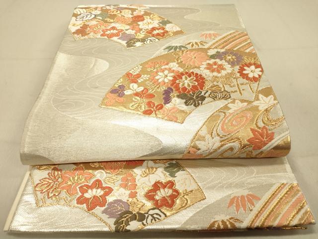 平和屋着物◎六通柄袋帯 唐織 流水地紙吉祥花文 金銀糸 正絹 逸品 DAAZ3687jm