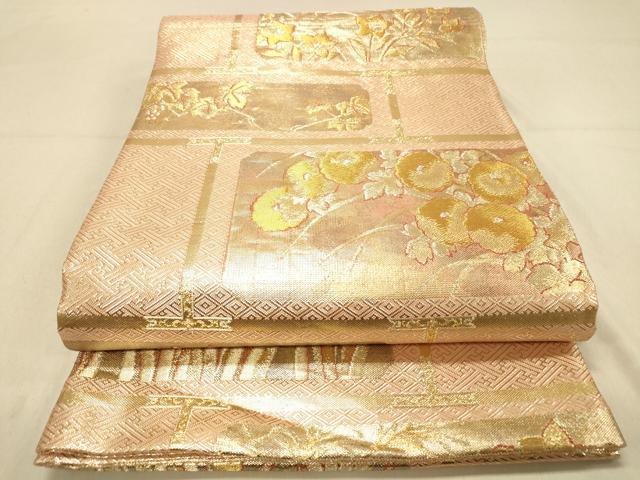 平和屋着物◎佐賀錦 六通柄袋帯 草花文 万寿菊 桔梗 金糸 正絹 逸品 DAAZ3732jm
