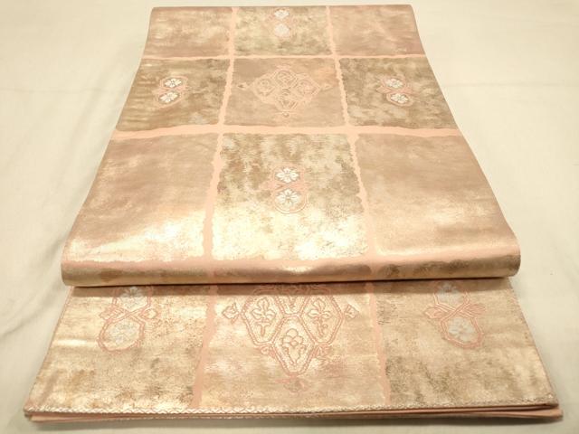 平和屋着物◎六通柄袋帯 市松飾花文 引箔 正絹 逸品 DAAZ3755jm