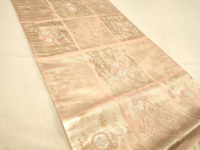平和屋着物◎六通柄袋帯 市松飾花文 引箔 正絹 逸品 DAAZ3755jm