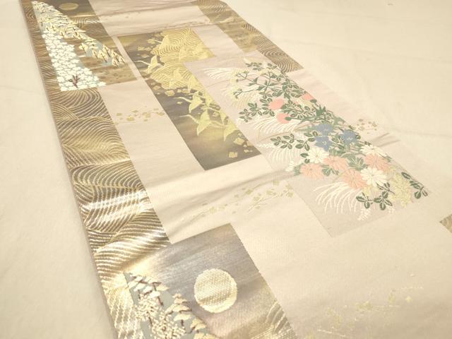 平和屋着物◎六通柄袋帯 短冊飛鶴秋草文 満月 金糸 正絹 逸品 DAAZ3756jm