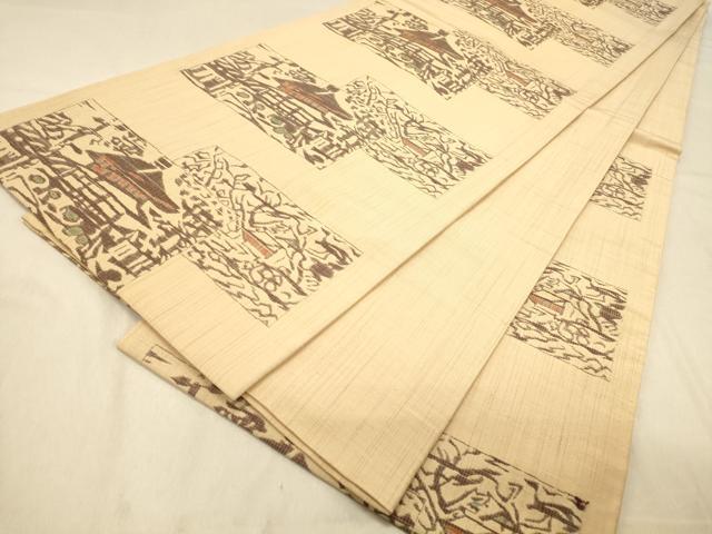 平和屋着物◎六通柄袋帯 紬地 色紙重ね風景文 正絹 逸品 DAAZ3764jm