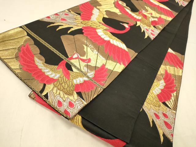 平和屋着物◎六通柄袋帯 唐織 扇面孔雀花文 黒地 金銀糸 正絹 逸品 DAAZ3899jm