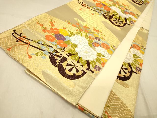 平和屋着物◎六通柄袋帯 唐織 流水花車文 金銀糸 正絹 逸品 DAAZ3909jm