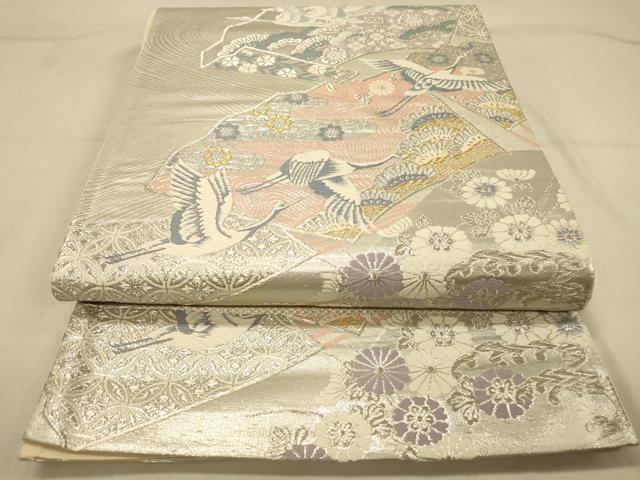 平和屋着物◎六通柄袋帯 唐織 地紙飛鶴花文 金銀糸 正絹 逸品 DAAZ3989jm