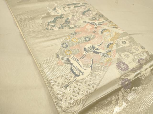 平和屋着物◎六通柄袋帯 唐織 地紙飛鶴花文 金銀糸 正絹 逸品 DAAZ3989jm