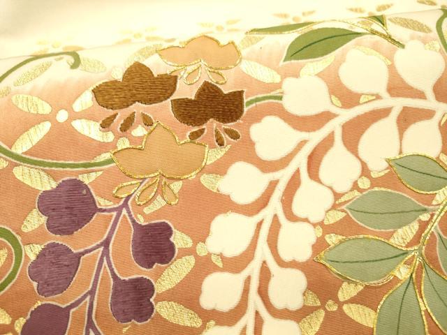 平和屋着物●塩瀬 九寸名古屋帯 駒刺繍 藤花房 金彩 正絹 逸品 DAAZ4070cm