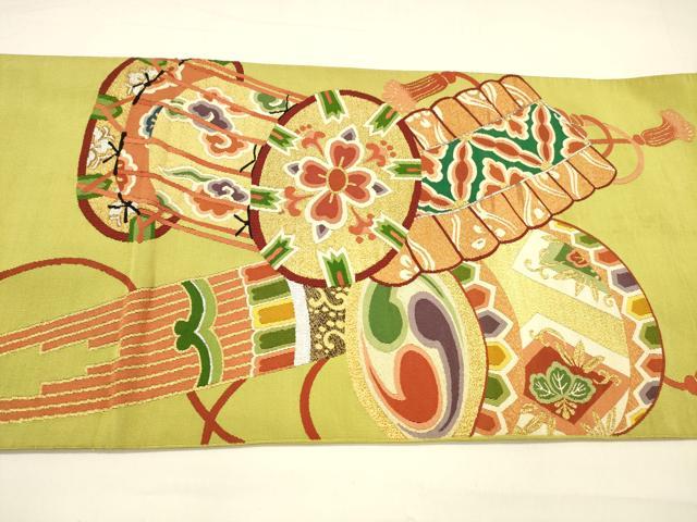 平和屋着物●爪掻き本綴れ 太鼓柄袋帯 草花楽器龍文 金糸 正絹 逸品 DAAZ4081cm