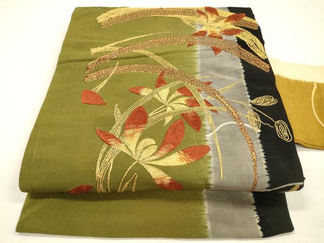 平和屋着物●アンティーク 大正ロマン 九寸名古屋帯 駒刺繍 草花文 金彩 正絹 逸品 DAAZ4170cm