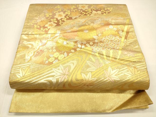 平和屋着物●太鼓柄袋帯 流水草花文 金銀彩 引箔 正絹 逸品 DAAZ4201cm