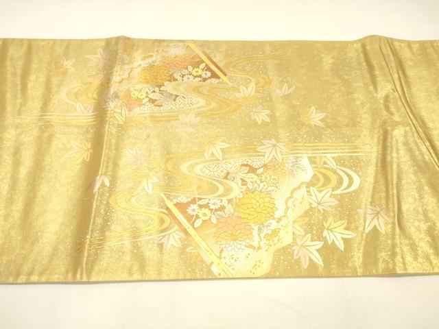 平和屋着物●太鼓柄袋帯 流水草花文 金銀彩 引箔 正絹 逸品 DAAZ4201cm