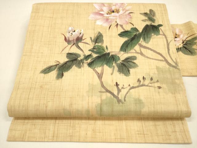 平和屋着物*夏物 九寸名古屋帯 作家物 手描き 枝花文 麻 逸品 DAAZ4235cm