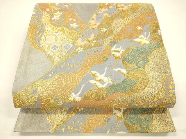 平和屋着物●六通柄袋帯 飛鶴草花文 金銀糸 正絹 逸品 DAAZ4294cm