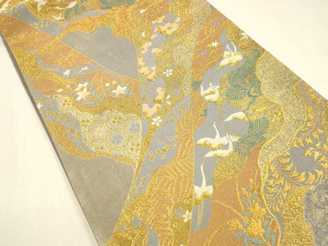 平和屋着物●六通柄袋帯 飛鶴草花文 金銀糸 正絹 逸品 DAAZ4294cm